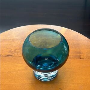 Krosno Teal Blue Art Glass Heavy Base Controlled Bubble Candle Votive Holder